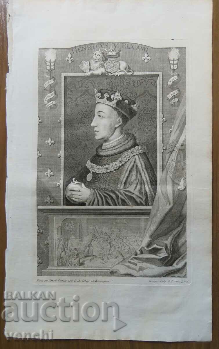 1732 - ГРАВЮРА - Хенри V, крал на Англия - ОРИГИНАЛ