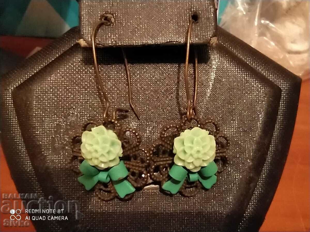 Antique blue-green flower earrings with ribbons Antique blue-green flower earrings with ribbons
