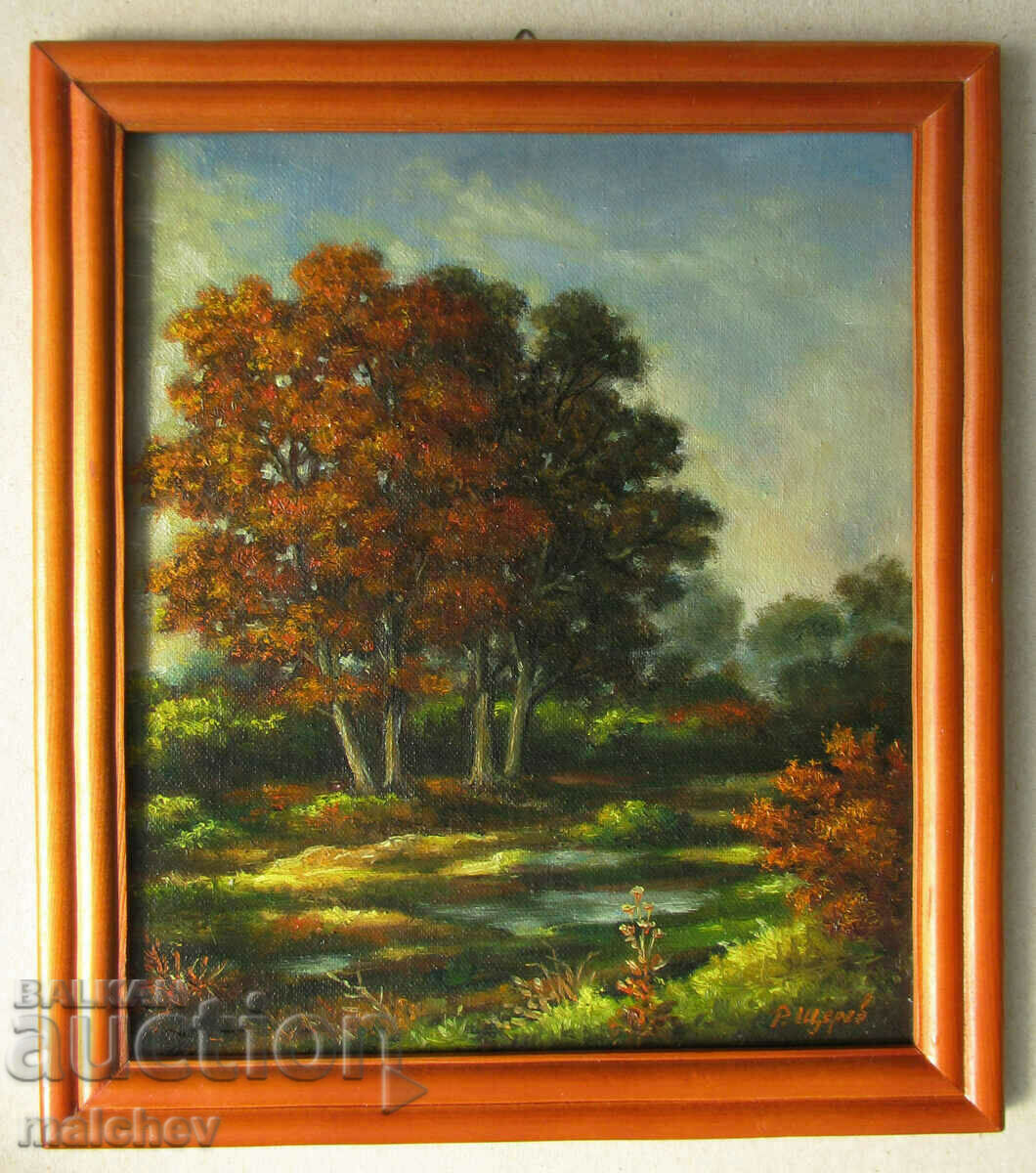 Oil painting Autumn miniature R. Shterev, on wood. frame 26/29