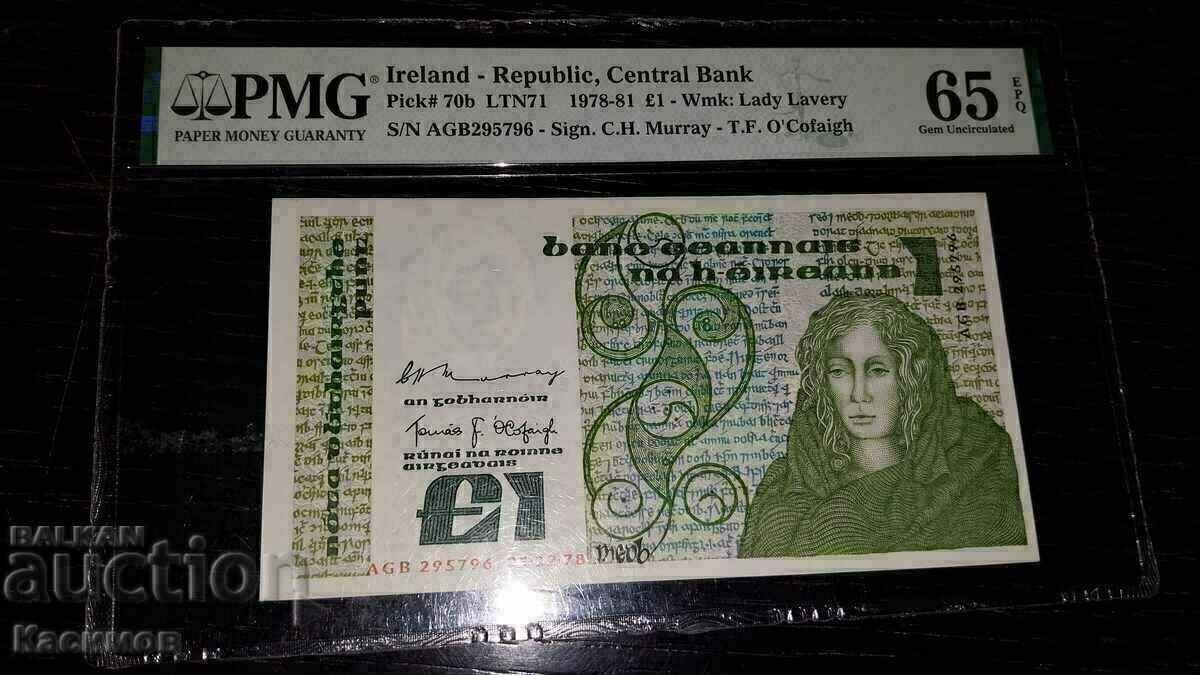 Certified Banknote from Ireland 1 pound 1978, PMG65