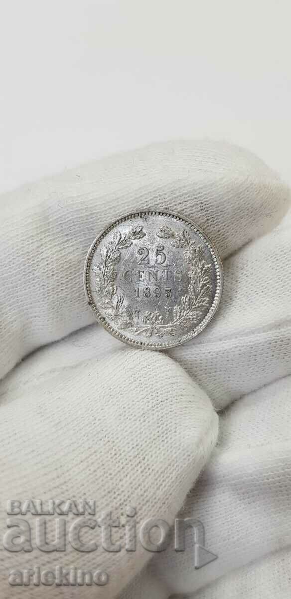 Rare silver coin 25 cents - 1893 - NEDERLAND
