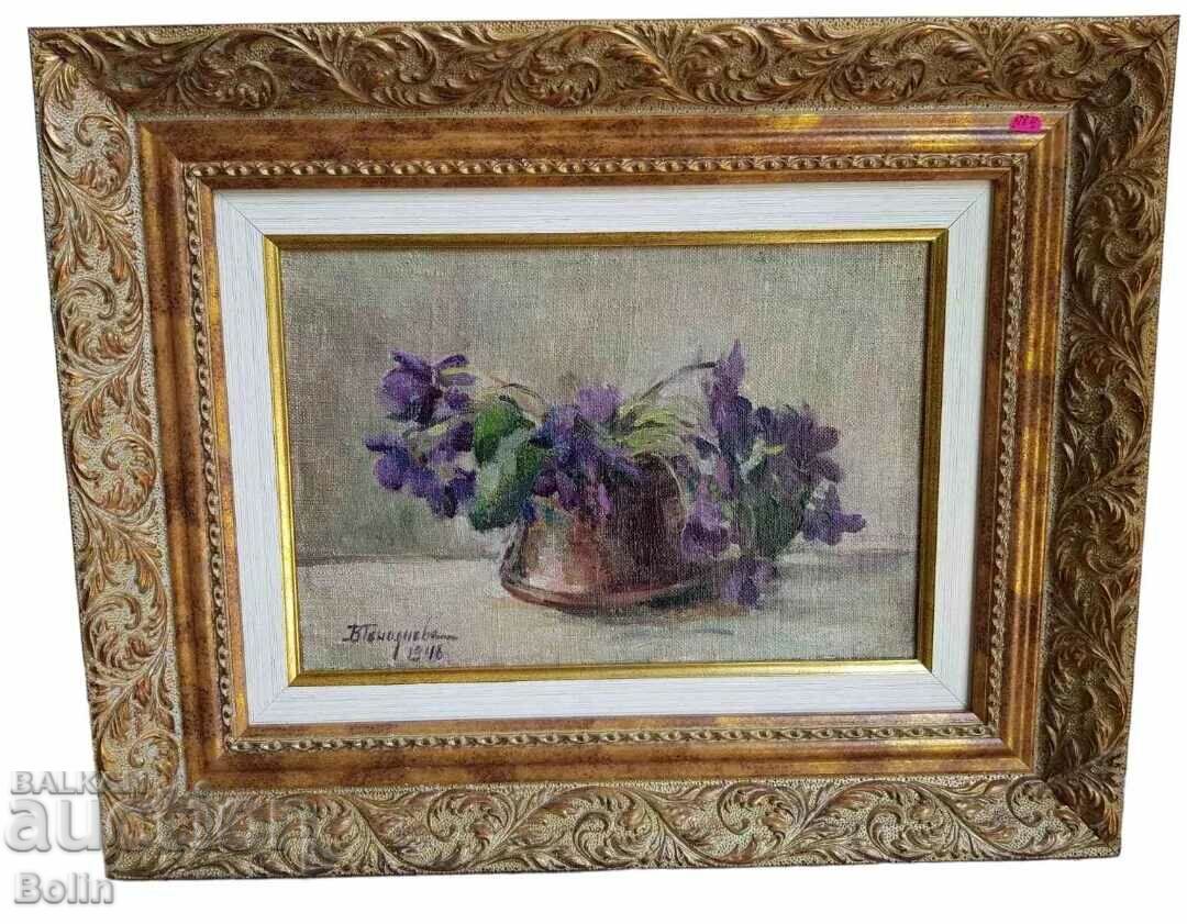 Rare Bulgarian painting by Vasilka Genadieva violets 1946