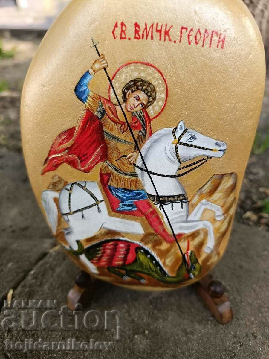 Hand painted icon of Saint George on stone. With stand with price 119.00 BGN | € 60.84 Hand painted icon of Saint George on stone. With stand with price 119.00 BGN | € 60.84