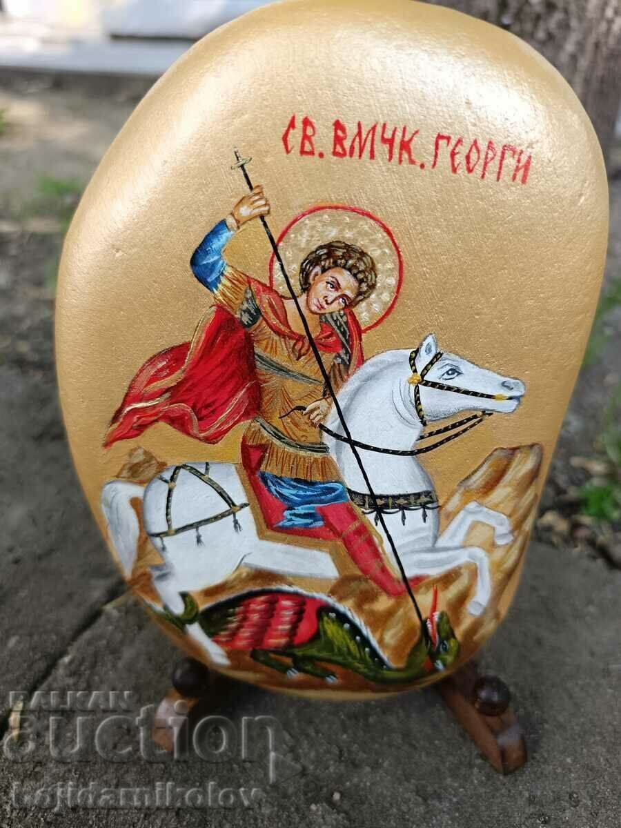 Hand painted icon of Saint George on stone. With stand - 7 Hand painted icon of Saint George on stone. With stand - 7