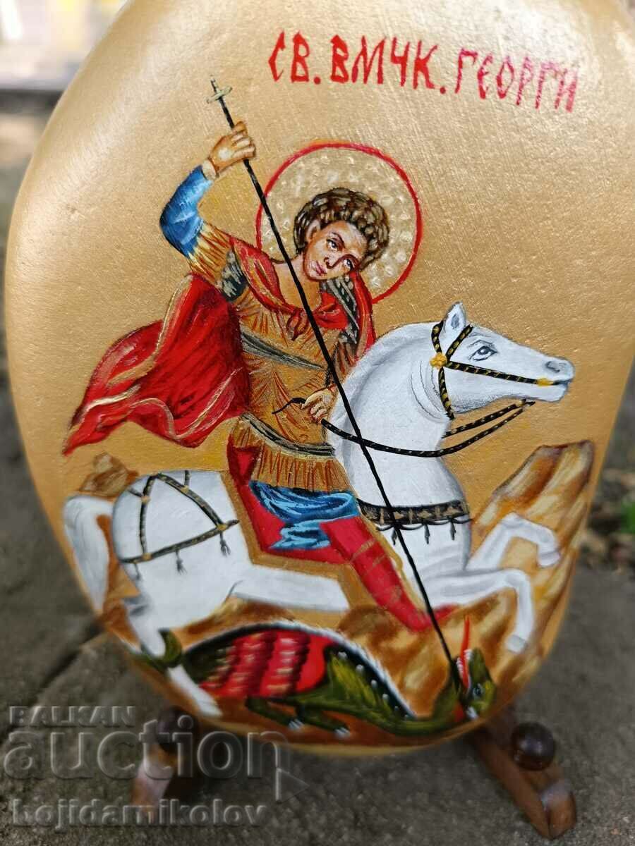 Ръчно рисувана икона Свети Георги върху камък. С поставка
