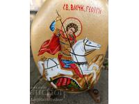 Hand painted icon of Saint George on stone. With stand