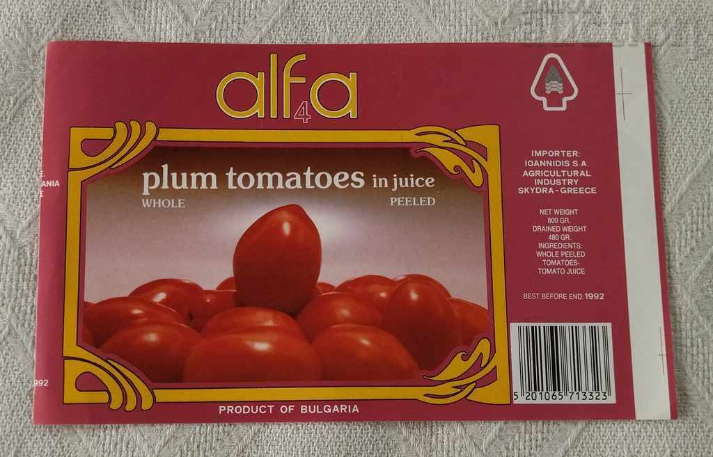 TOMATOES PEELED EXPORT GREECE ALPHA LABEL1991