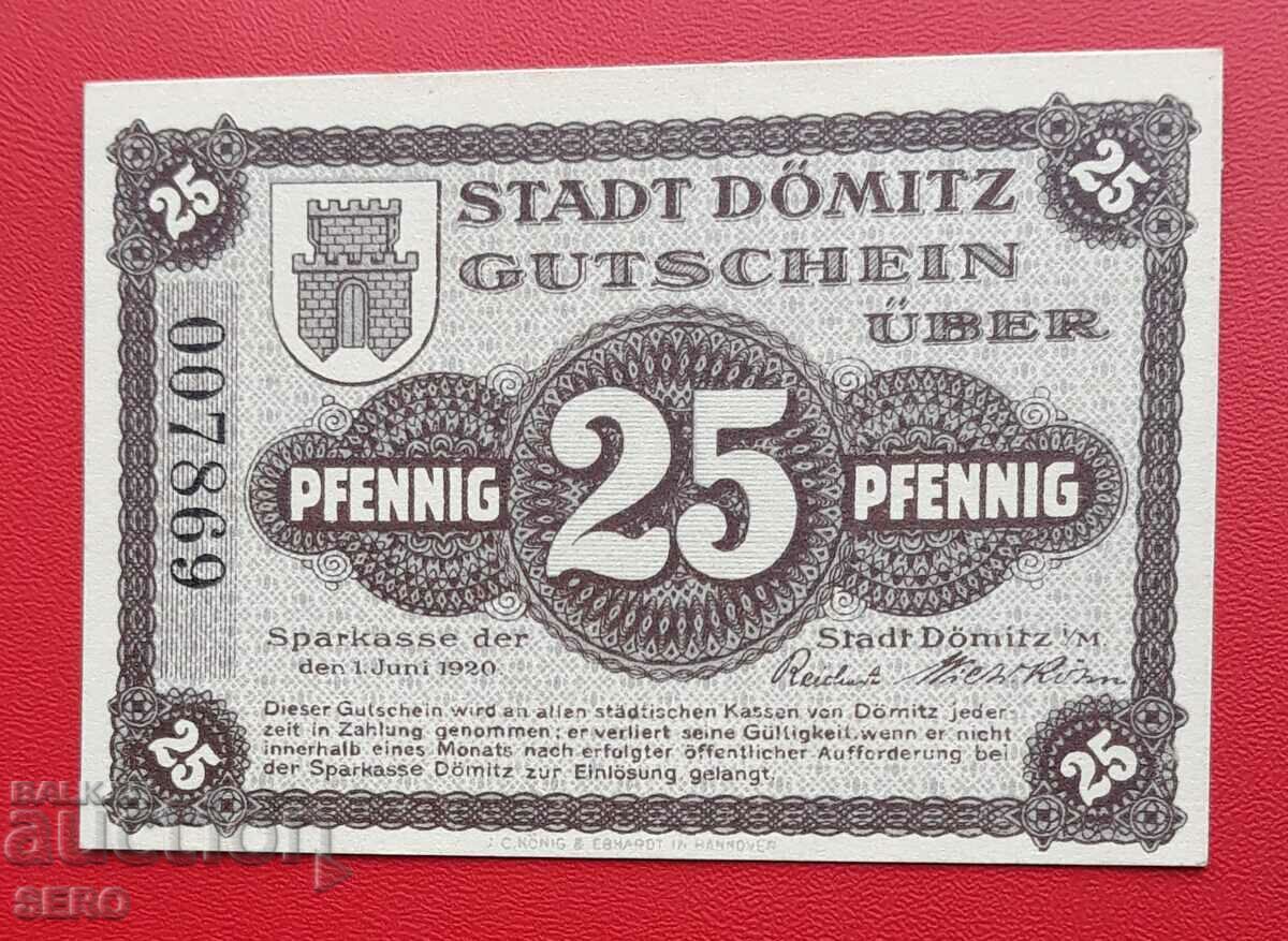 Банкнота-Германия-Мекленбург-Померания-Дьомиц-25 пф. 1920