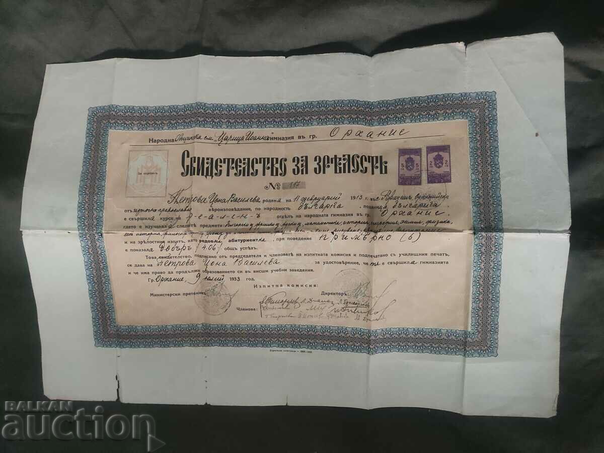 Свидетелство за зрелост Орхание 1933  гимназия