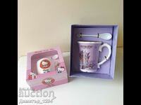 Hello Kitty Porcelain Cups with Spoons and Lavender Cup