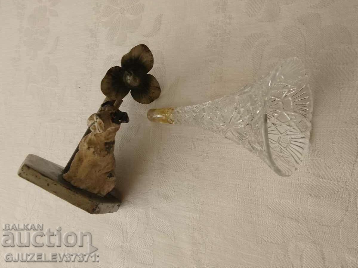 Delivery of Antique German crystal and pewter vase with puppy figurine Delivery of Antique German crystal and pewter vase with puppy figurine