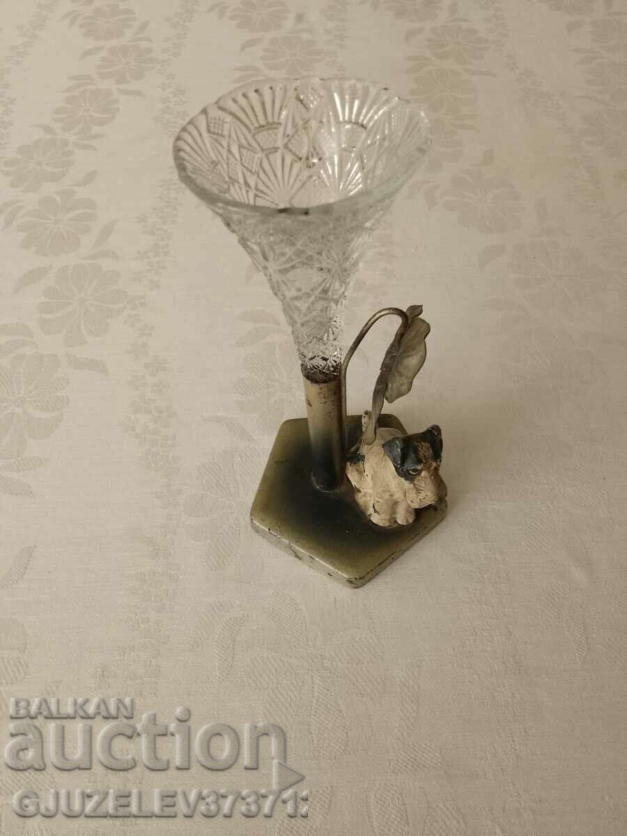 Antique German crystal and pewter vase with puppy figurine - 6 Antique German crystal and pewter vase with puppy figurine - 6
