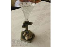 Antique German crystal and pewter vase with puppy figurine