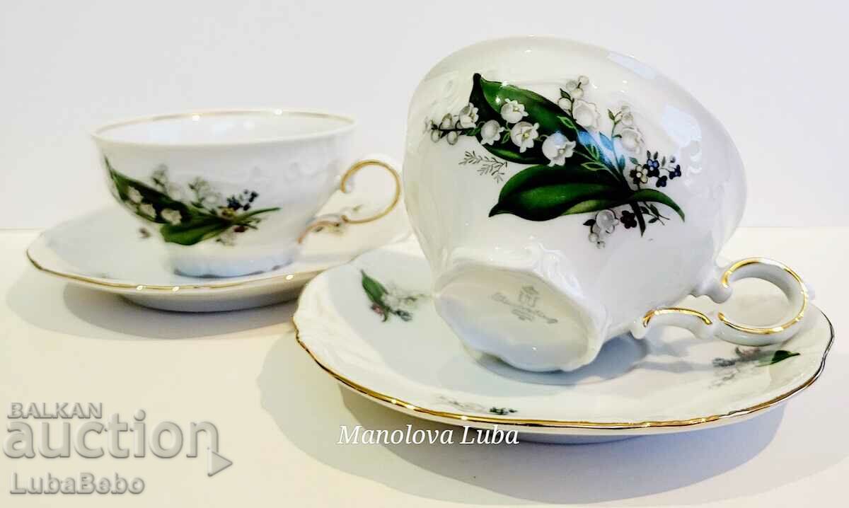 Two glasses with saucers, Winterling Bavaria lily of the valley decor.
