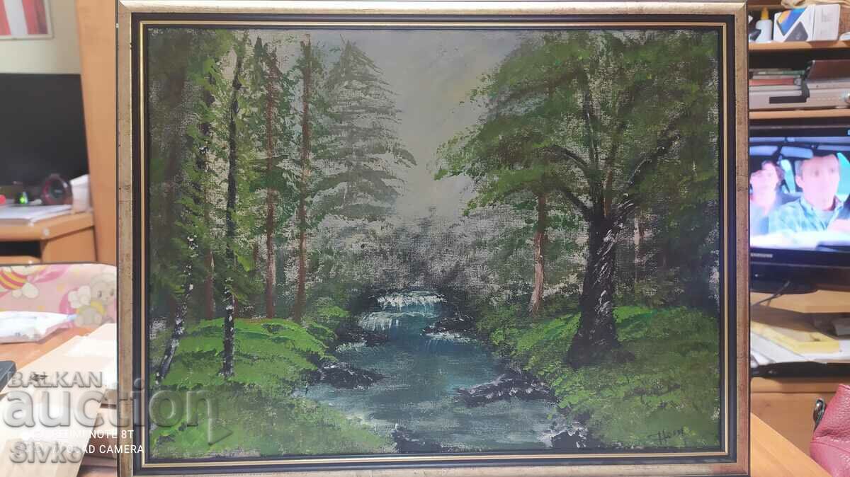 Painting oil canvas river signed