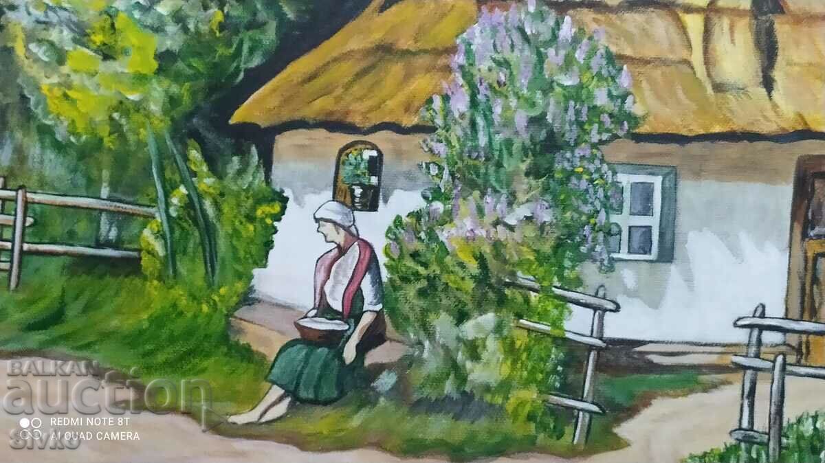 Painting, Woman in front of her house, oil, canvas with price 69.99 BGN | € 35.79 Painting, Woman in front of her house, oil, canvas with price 69.99 BGN | € 35.79