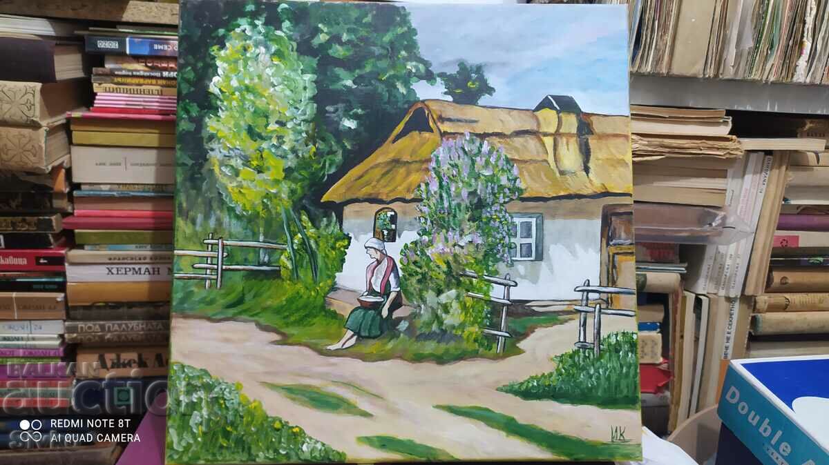 Painting, Woman in front of her house, oil, canvas