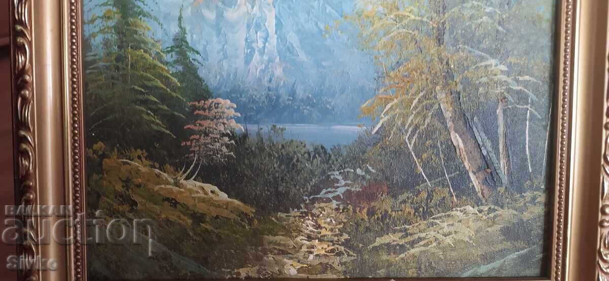 Oil painting on canvas, forest landscape, lake, house with price 49.99 BGN | € 25.56 Oil painting on canvas, forest landscape, lake, house with price 49.99 BGN | € 25.56