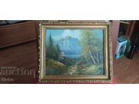 Tablou ulei pe pânză peisaj de pădure lac casă