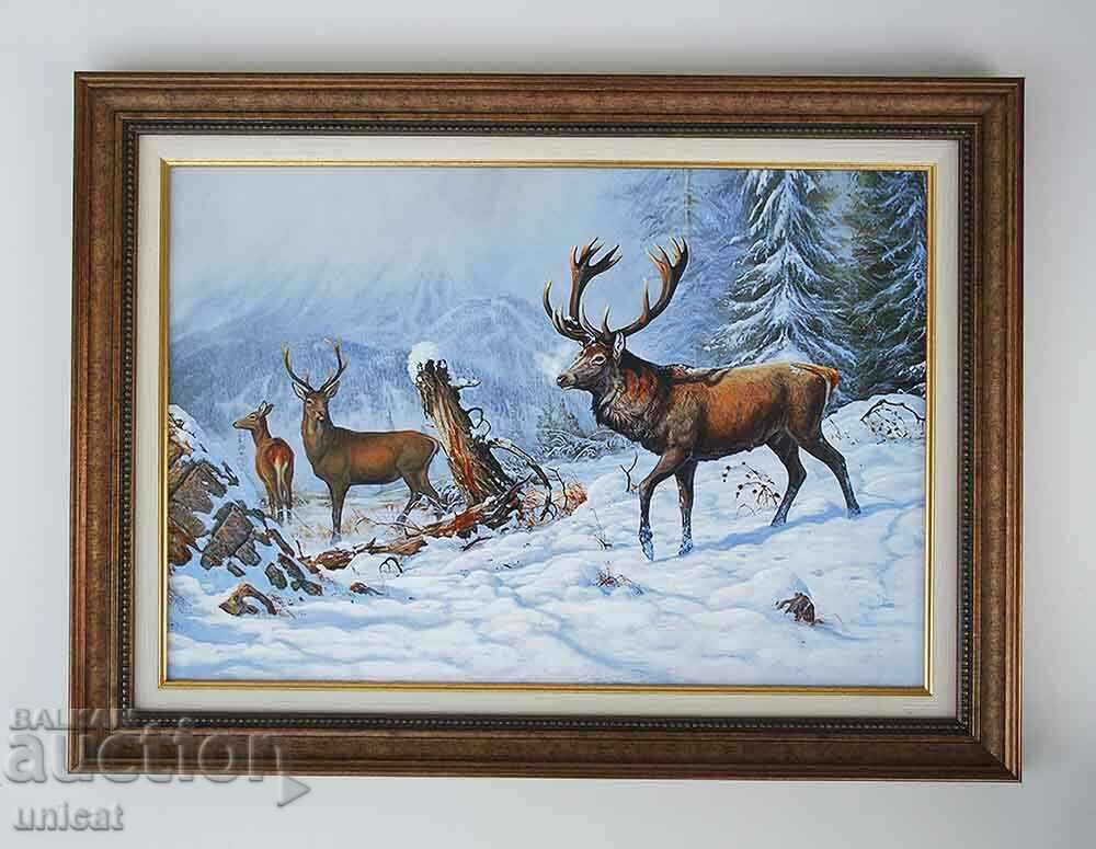 Зимен планински пейзаж с елени, картина за ловци