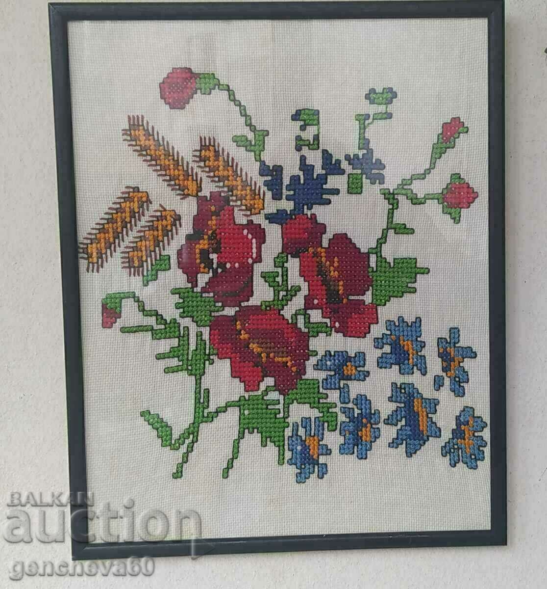 Auction Beautiful large tapestry picture with floral motifs, frame, glass Auction Beautiful large tapestry picture with floral motifs, frame, glass