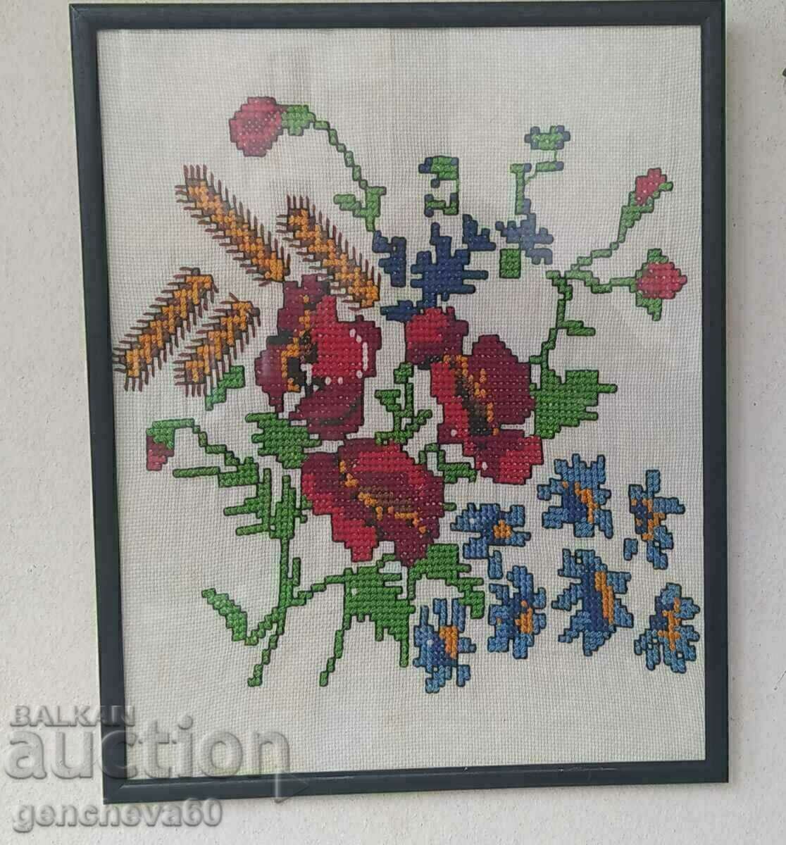 Licitație Frumos goblen mare, tablou cu motive florale, ramă, sticlă Licitație Frumos goblen mare, tablou cu motive florale, ramă, sticlă