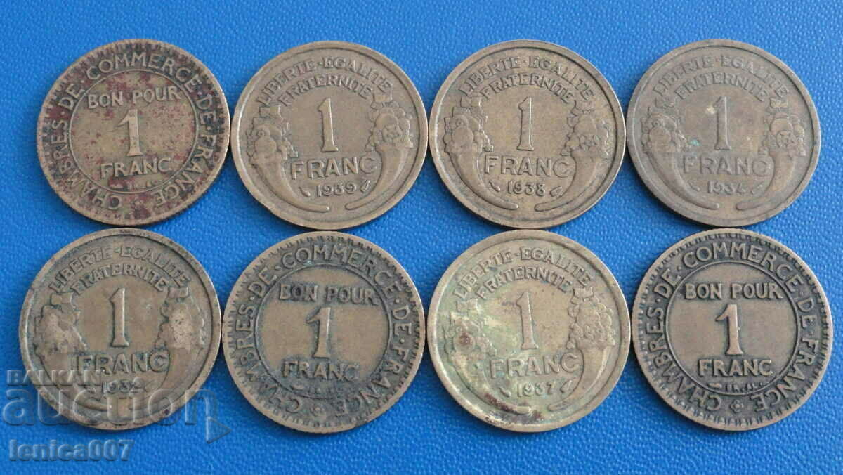 Franța 1923-39 - 1 franc (8 bucăți) cu preț € 5.00 | 9.78 BGN Franța 1923-39 - 1 franc (8 bucăți) cu preț € 5.00 | 9.78 BGN