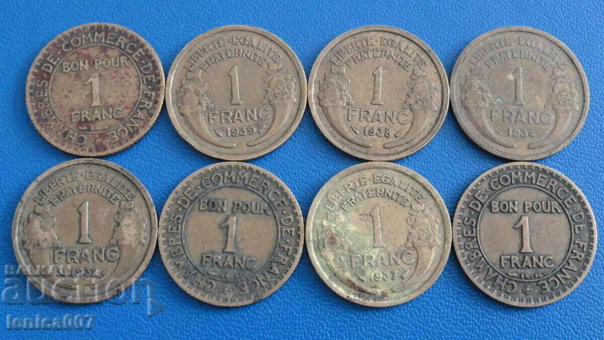 Franța 1923-39 - 1 franc (8 bucăți) - 6 Franța 1923-39 - 1 franc (8 bucăți) - 6