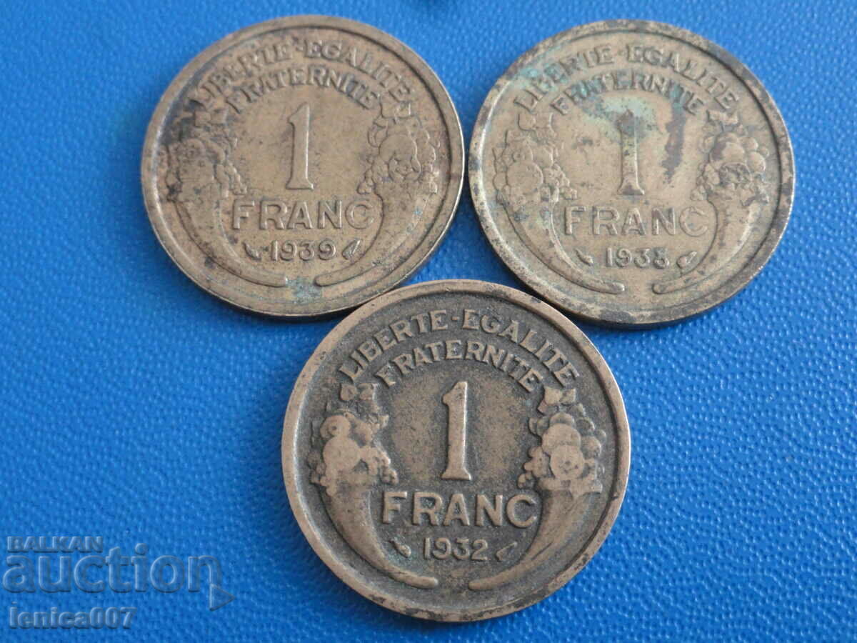 France 1932-39 - 1 franc (3 pieces) with price 3.30 BGN | € 1.69