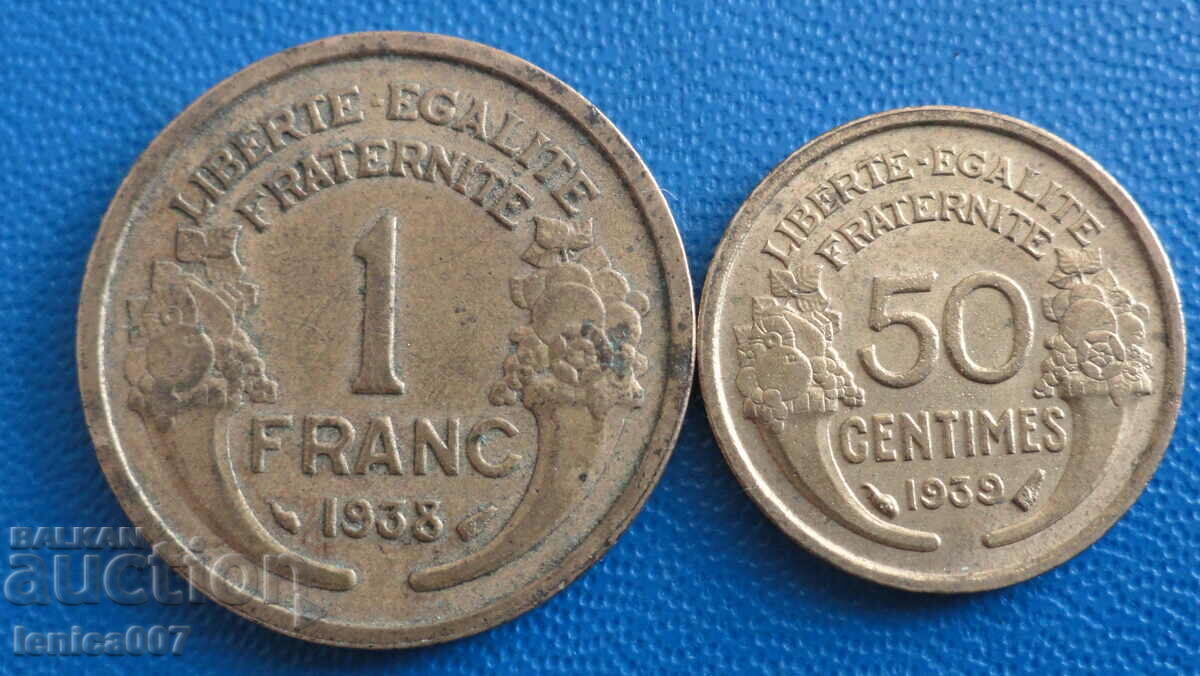 Franța 1938-39 - 50 de centi si 1 franc cu preț € 1.20 | 2.35 BGN