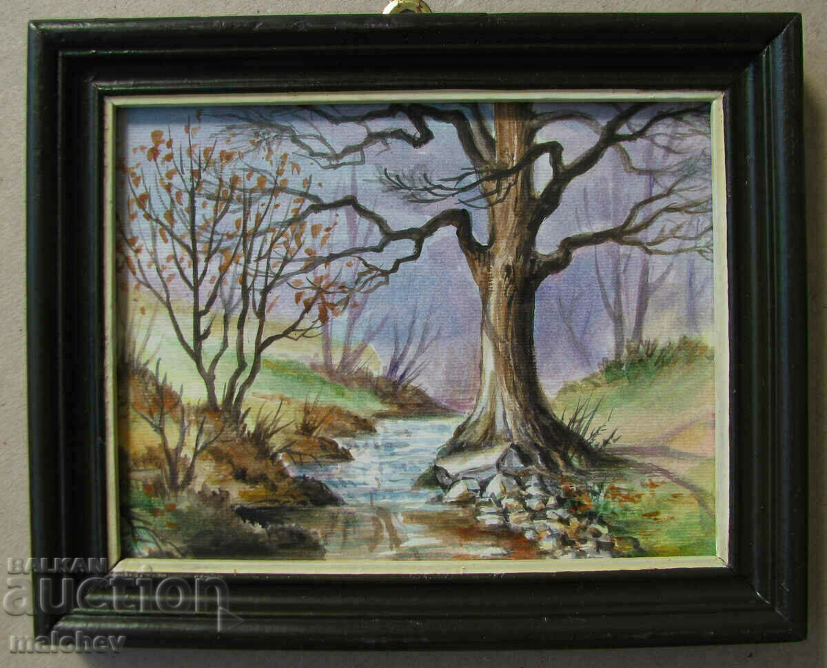 Watercolor painting Landscape with a creek, framed 15/19 cm, excellent