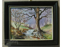 Watercolor painting Landscape with a creek, framed 15/19 cm, excellent