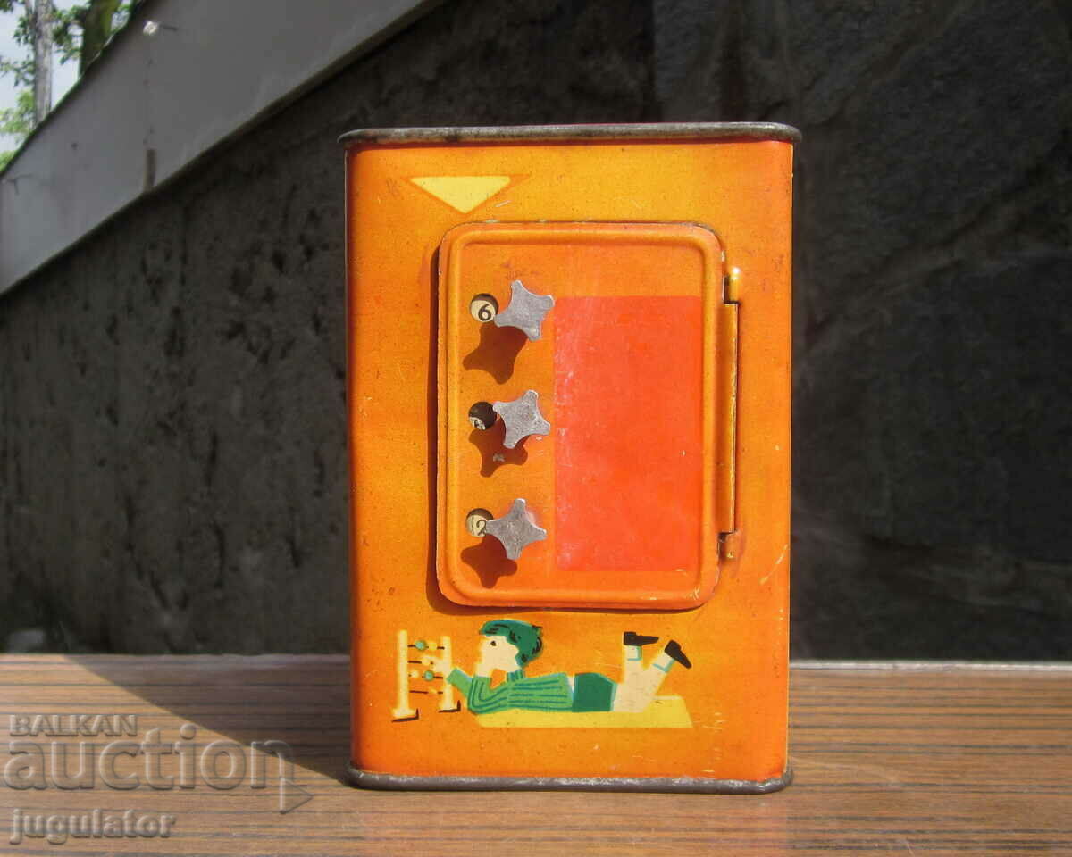 old Russian tin metal toy piggy bank safe with price 30.00 BGN | € 15.34 old Russian tin metal toy piggy bank safe with price 30.00 BGN | € 15.34