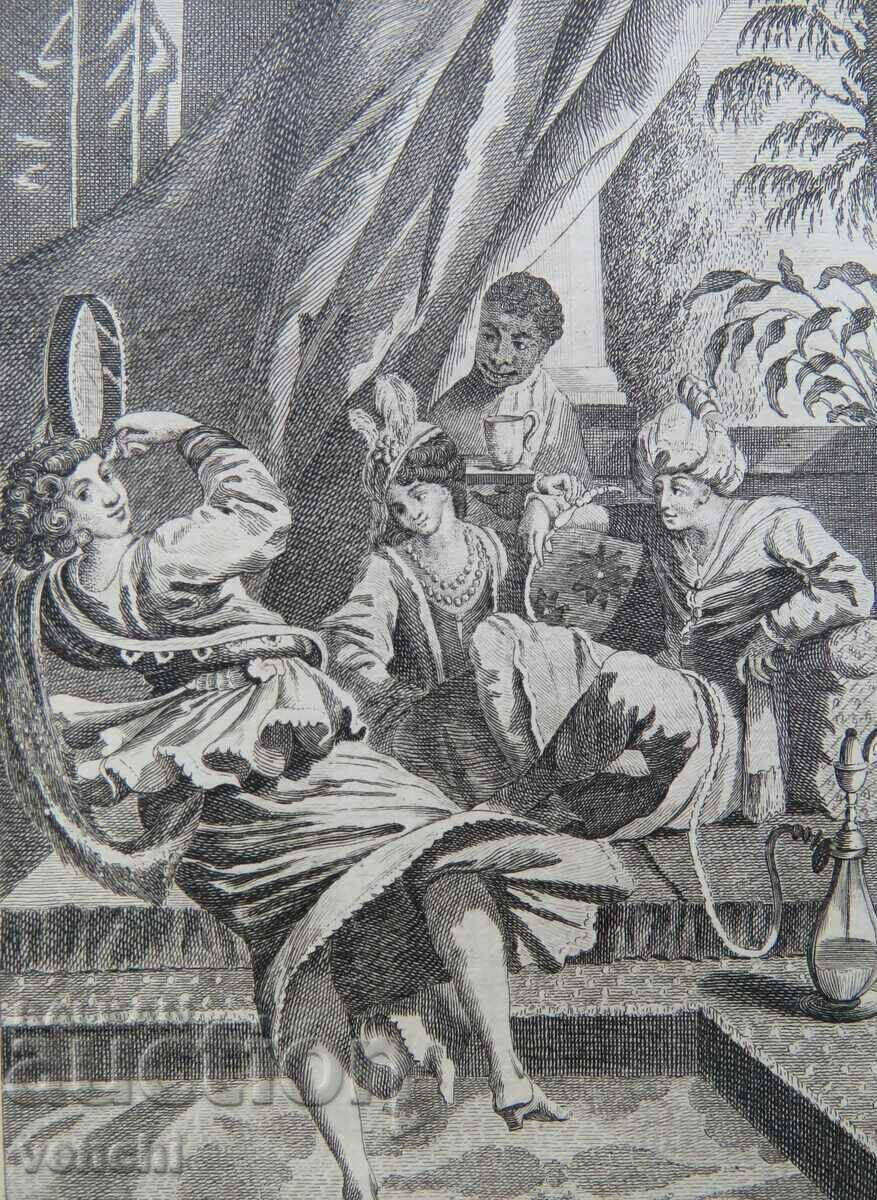 Licitație 1780 - GRAVURĂ - Divertisment într-un serai persan - ORIGINAL Licitație 1780 - GRAVURĂ - Divertisment într-un serai persan - ORIGINAL