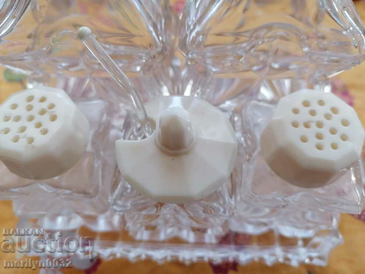 Set de condimente ceramice din cristal de plumb ceh din anii 1930 - 7 Set de condimente ceramice din cristal de plumb ceh din anii 1930 - 7