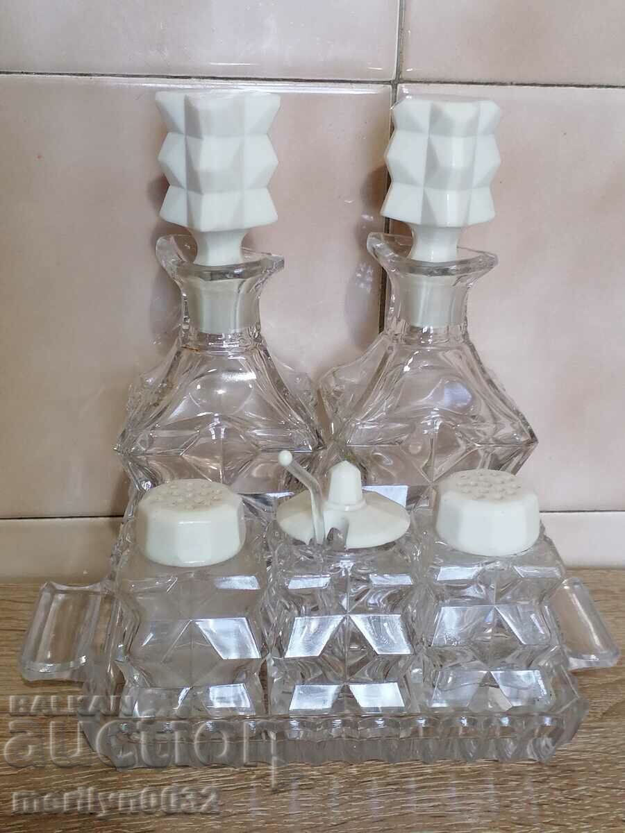 Set de condimente ceramice din cristal de plumb ceh din anii 1930