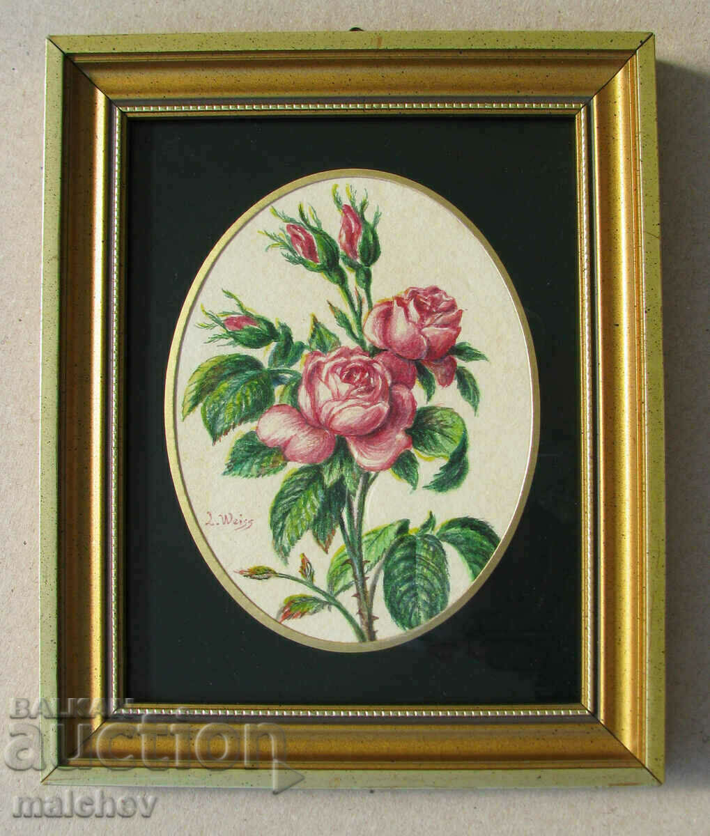 Watercolor painting Rose, L. Weiss, framed 16/19 cm, excellent