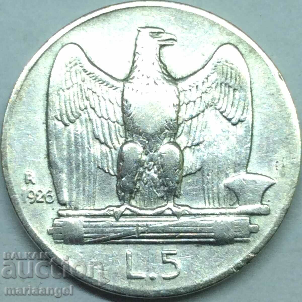 5 Lire 1926 Italia Argint - Rar Anul 2
