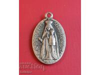 Μικρό χάλκινο μετάλλιο διπλής όψης με την Παναγία και τον Ιησού.