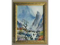 Pictura acuarela Peisaj cu cascada, inramat 23/29 cm, excelenta