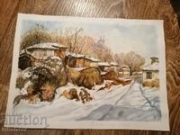 Watercolor - Winter in the village - 42 - 30 cm