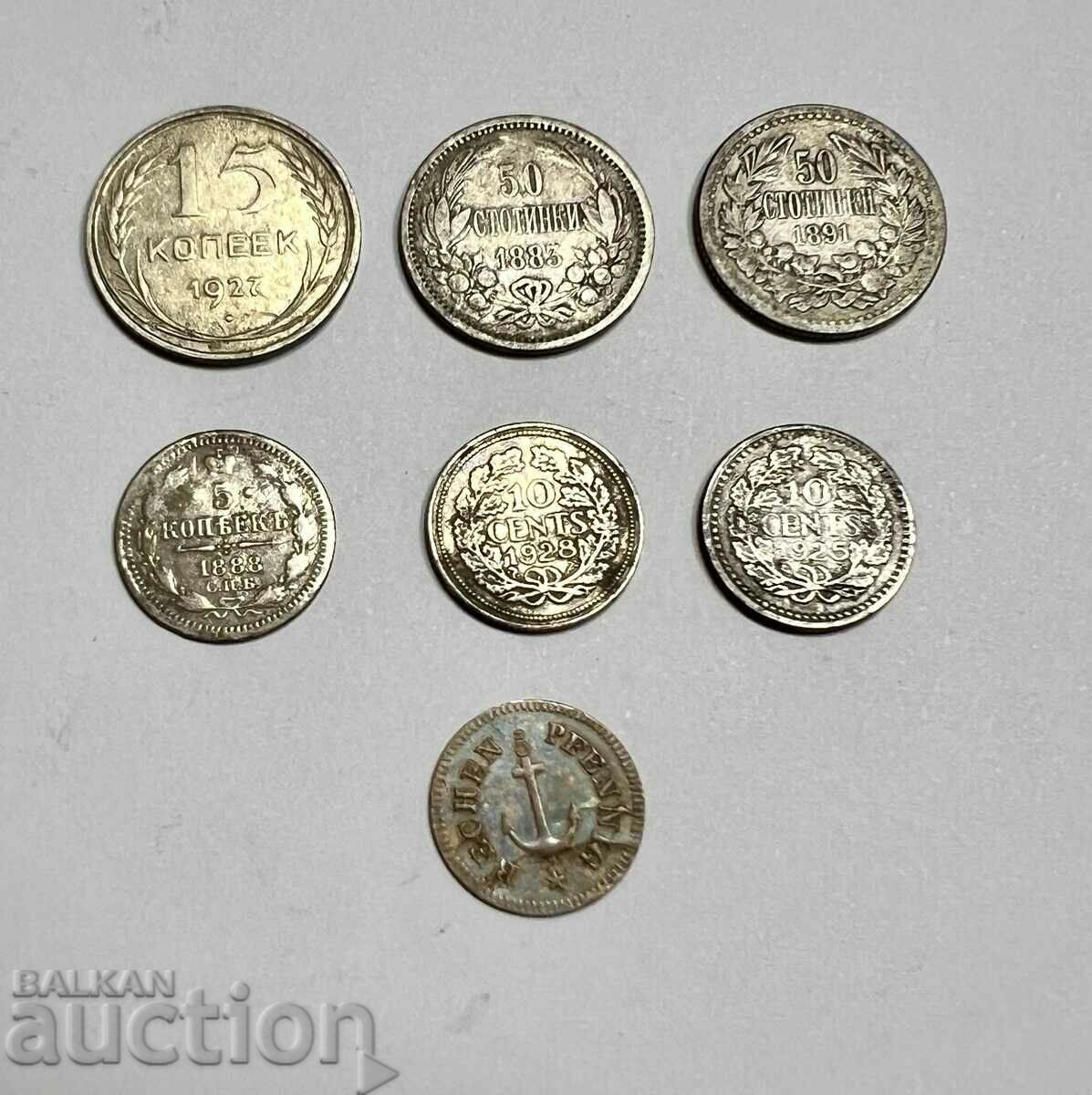 Παρτίδα 7 τεμ. Ασημένια νομίσματα 50 σεντ 10 σεντ 5, 15 καπίκια πφένιγκ