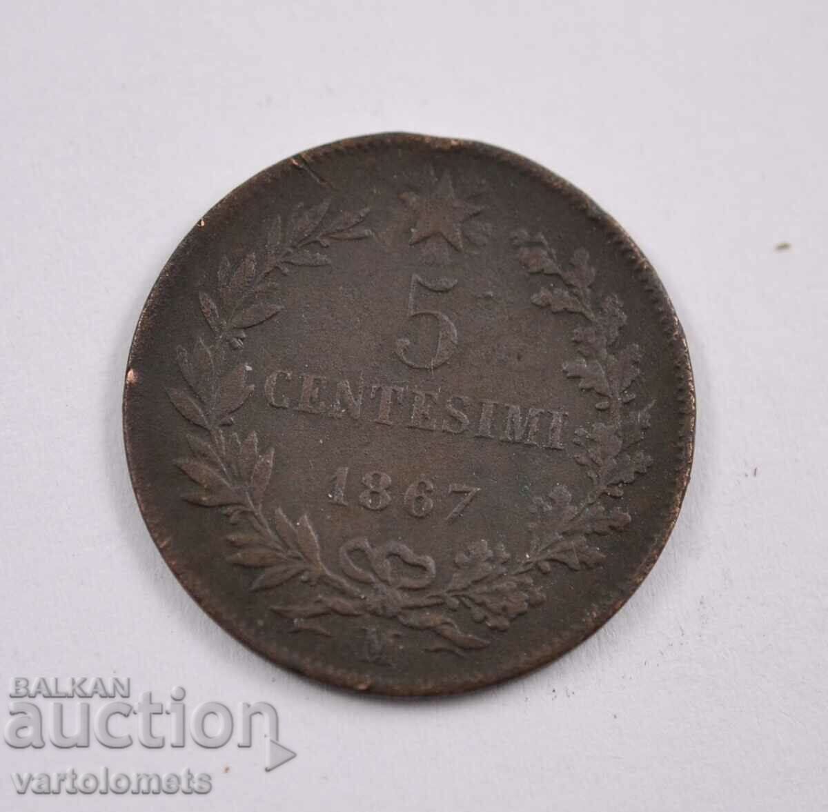 5 centesimi, 1867 - Italy › King Vittorio Emanuele II