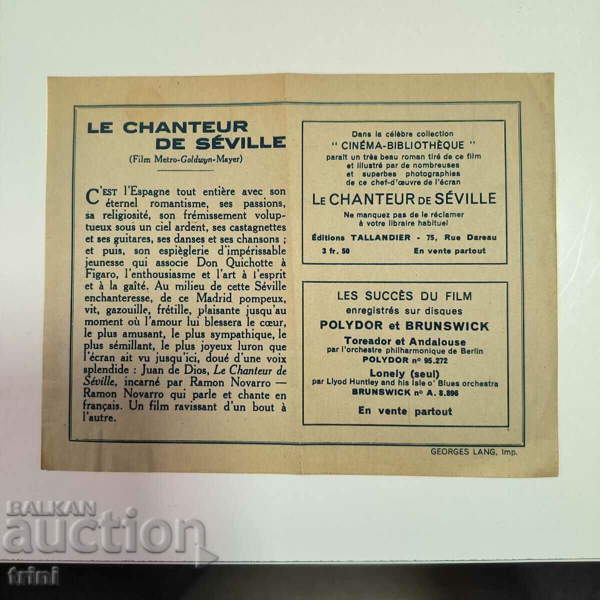 Auction Advertising brochure printed in 1931 for the film The Singer of Seville Auction Advertising brochure printed in 1931 for the film The Singer of Seville