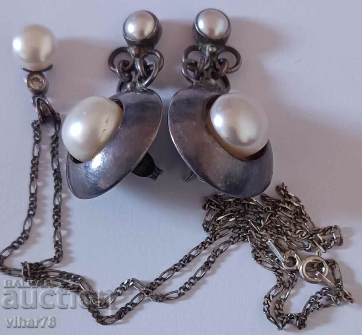 Old Silver Pearl Pendant and Earring Set - 6 Old Silver Pearl Pendant and Earring Set - 6
