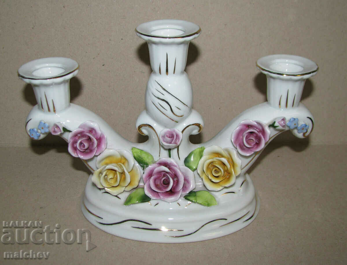 Old European porcelain candlestick trio with embossed roses
