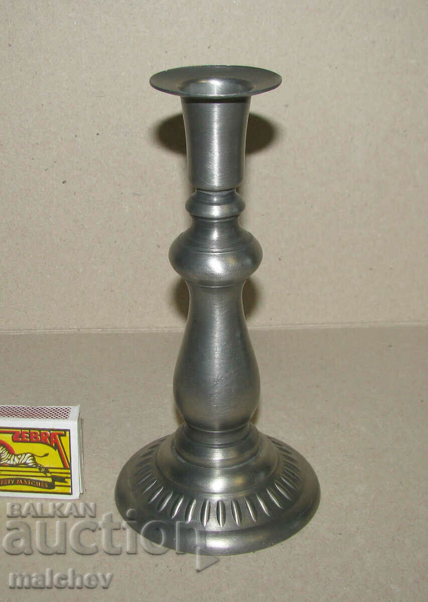 Old pewter candlestick 18 cm preserved, with its label