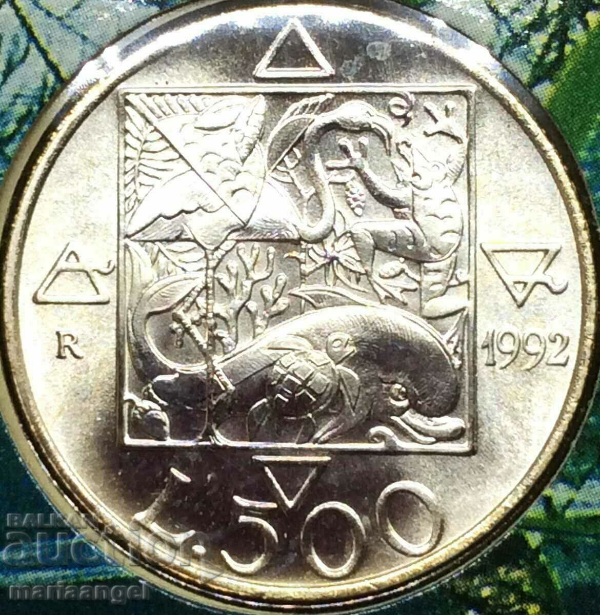 500 лири 1992 Италия "Флора и Фауна" UNC сребро