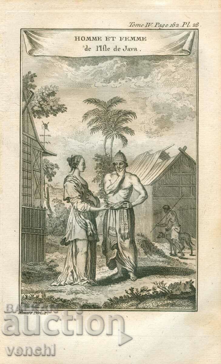 1780 - GRAVURA VECHE - Bărbat și femeie din insula Java - ORIGINAL