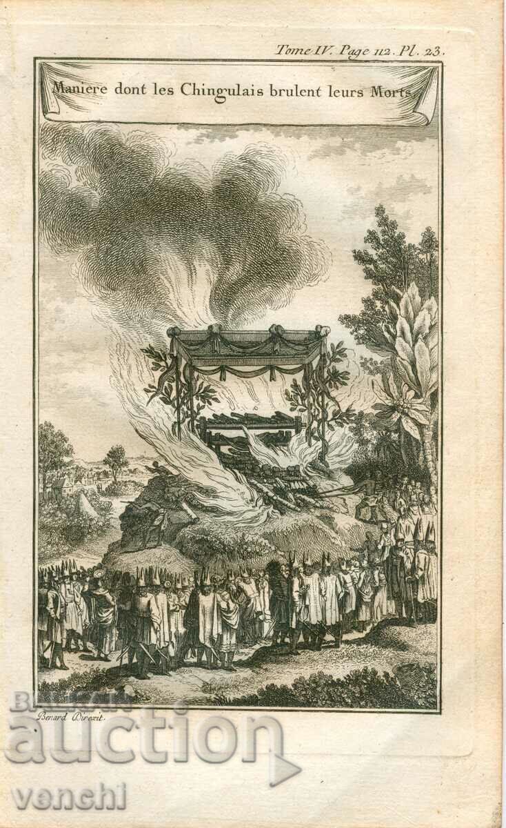 1780 - OLD ENGRAVING - Cremation of the Dead in Ceylon - ORIGINAL